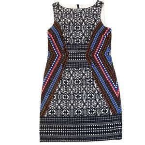 London Times Vibrant Bateau Neck Multi Print Sheath Dress